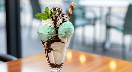Delicious ice cream sundae with mint and chocolate toppings on table
