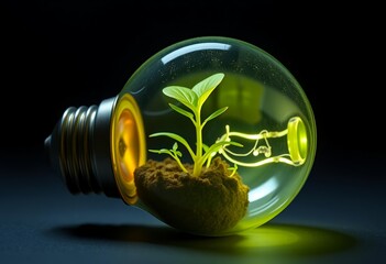 A green plant sprout grows inside a glass lightbulb sphere as a concept for eco energy and innovative growth in the environment