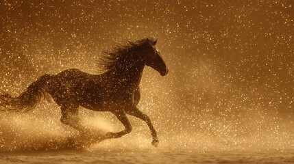 Business growth symbolized by a powerful black horse galloping through golden dust with dynamic energy and freedom.