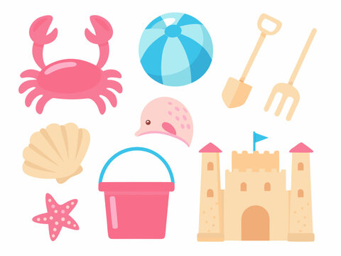 Colorful beach elements including a crab seashell sandcastle and beach toys