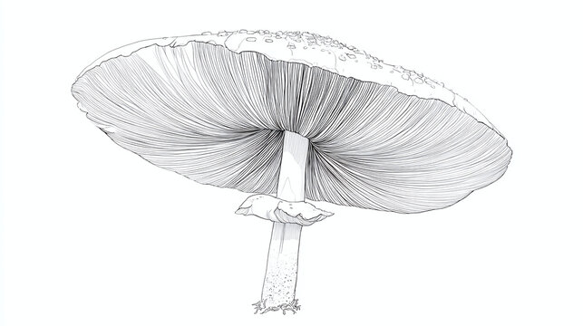 An intricately drawn monochrome illustration of a mushroom, revealing its underside in stunning detail