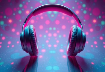 Modern stereo headphones and audio equipment for listening to music on a pink and purple background with a reflection isolated in a studio