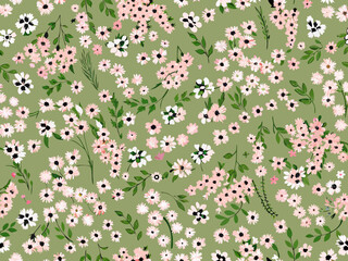A delicate floral pattern featuring small white and pink blossoms on sage