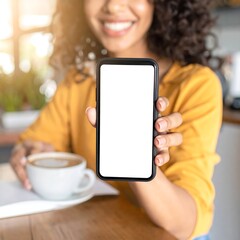 A smiling person in an orange top is holding up a smartphone with a blank screen. A cup of coffee rests next to a table