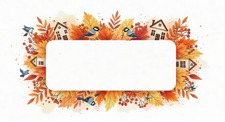 Fototapeta premium Cozy Watercolor Autumn Frame with Vibrant Leaves Houses and Birds for Seasonal Design.