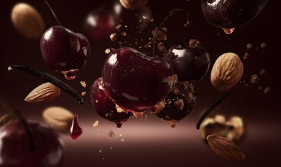 ipe dark cherries with glossy skin and dripping juice. Thick cherry syrup with deep red shine. Bitter almonds, some whole, some cracked, with natural texture