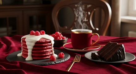Delicious red pancakes with coffee and cake a culinary delight