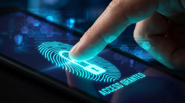 Businessman finger touching virtual biometric fingerprint scanner for cyber security access - Powered by Adobe