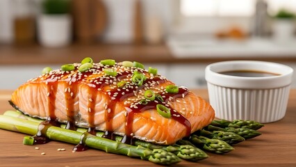 Delicious salmon fillet with asparagus and sauce ready for consumption