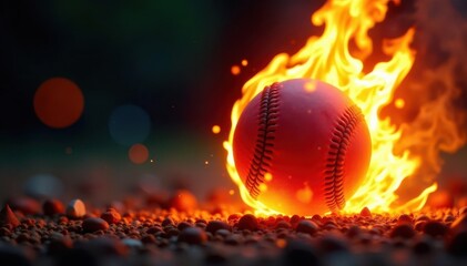 Fiery softball engulfed in flames, intense glow , hot, burning softball