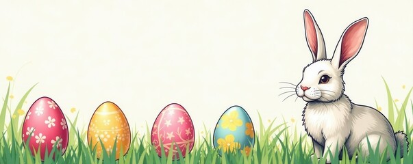 Elegant single-line Easter eggs and bunny ear banner Editable vector illustration, doodle style , card, easter