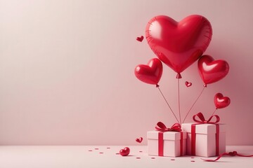Floating heart balloon above gift boxes; Happy Valentine's Day banner in paper style , texture, pastel