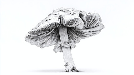 An artistic monochrome image of a unique mushroom, showing the underside and stem