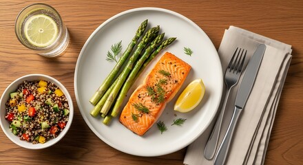 Delicious salmon meal with asparagus and lemon on plate