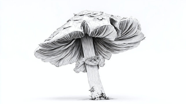An artistic monochrome image of a unique mushroom, showing the underside and stem