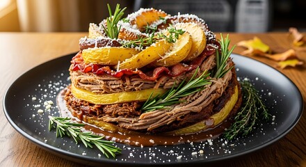 Delicious stacked food dish with meat and potatoes on a black plate