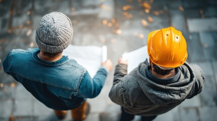 Roofing contractors discussing project timeline and budget details for business planning.