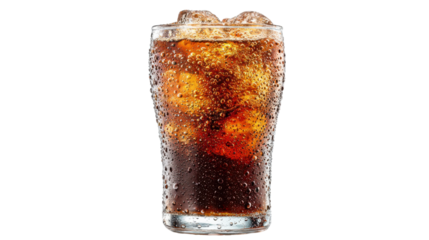 Cold carbonated cola drink with ice cubes in a glass, soda refreshing beverage droplets, transparent background