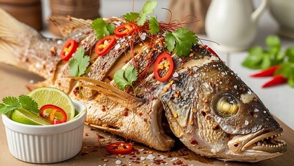 Deliciously grilled fish with garnishes ready for culinary enjoyment