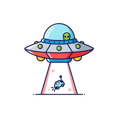Fototapeta premium Cute Alien in Flying Saucer Abducting Car with Beam Light, Cartoon UFO Spaceship