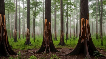 Dense forest with tall trees and foggy atmosphere day time outdoors