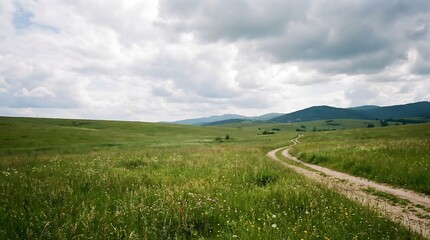 Natural green valley with rolling hills beneath a cloudy sky, offering a peaceful countryside landscape with cinematic mood and wide open space.