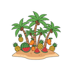Obraz premium Tropical Island Paradise with Palm Trees and Assorted Fruits - Vector Illustration