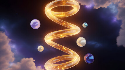 Glowing Golden DNA Helix with Floating Spheres Against a Dramatic Sky