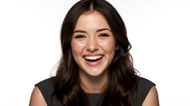 Young woman with dark hair and a wide, joyful smile