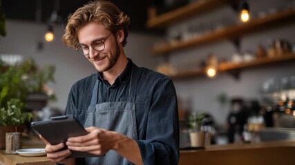 Young male business owner checks tablet while standing near counter in a cozy cafe during daytime, showcasing modern entrepreneurship and digital engagement - Powered by Adobe