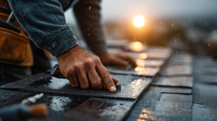 Roofing crew conducting emergency repairs after heavy rain on a roof.
