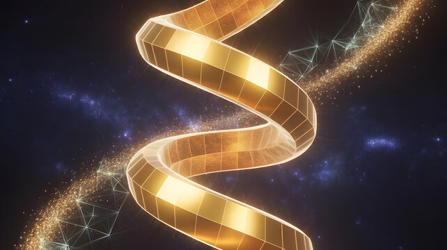 Golden DNA Helix Spiral Swirling with Stardust and Network Connections in Cosmic Background - Cinematic 3D Render - Powered by Adobe