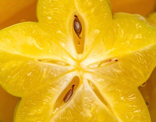 Close-up of sliced starfruit, revealing seeds and intricate star shape