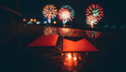 Red Envelopes on Ground with Colorful Fireworks for New Year Celebration
