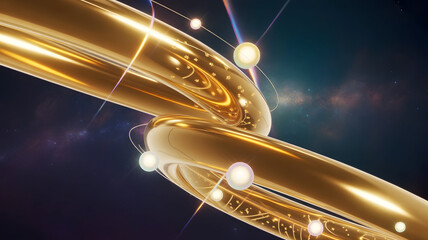 Golden interconnected chain links with glowing spheres and light streaks in a cosmic background, representing data and technology