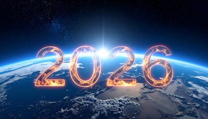 Fiery "2026" text glows above Earth with a bright sunburst in space