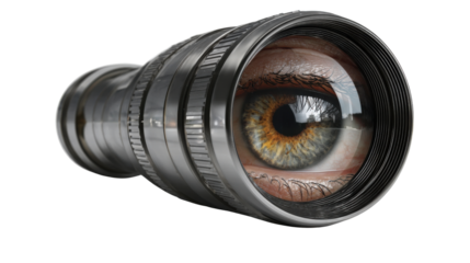 Human eye looking through spyglass representing observation, surveillance, search, and future vision, transparent background