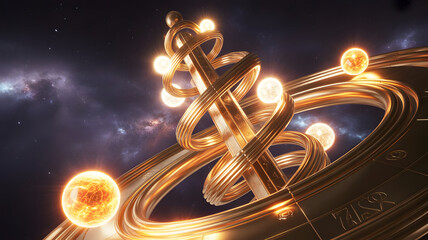 Golden Orrery with Glowing Orbs Orbiting Against Cosmic Nebula Background, Sci-Fi Cinematic