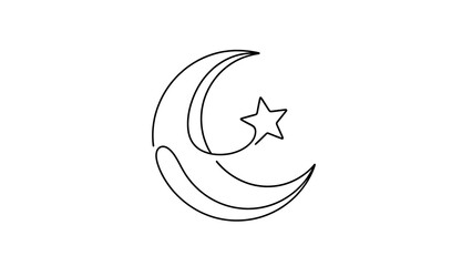 Obraz premium A simple and flowing continuous one-line drawing of the crescent moon and star, creating a clean, minimalist black vector symbol of faith isolated on a white background.