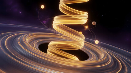 Golden Swirling Vortex with Planets in Orbit, Cosmic Nebula Background, Cinematic Motion Graphics