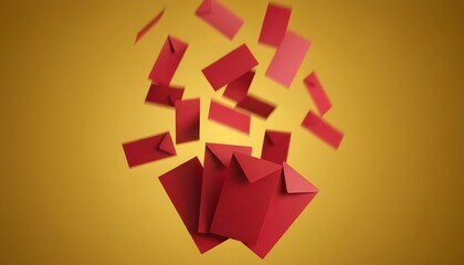 Many Red Envelopes Falling and Flying in Motion on Yellow Background