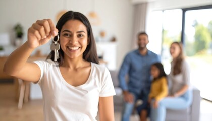 A smiling woman holds up keys, a happy family blurred in the background, signifying home ownership