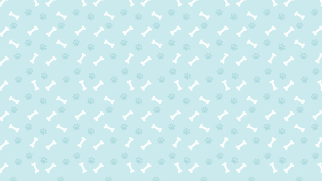 Seamless pattern with white dog bones and blue paw prints on a light pastel background for puppy-themed designs