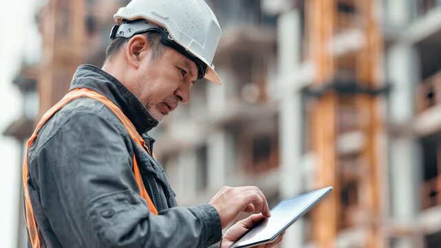Construction worker uses software to manage tasks and track progress at construction site during daylight hours