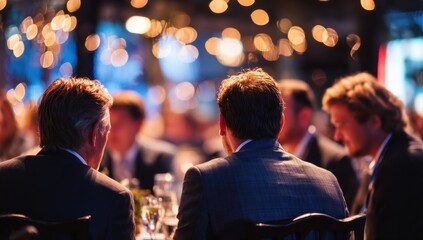 a group of business people sit at tables, dressed in formal attire with ties or suit jackets, surrounded by sparkling lights in the background.