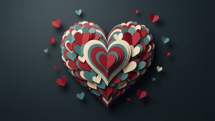 Happy Valentine's Day background with floating red and blue 3D paper hearts.