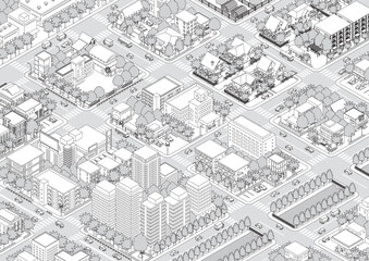 街並みの立体図. 都市の景観. アイソメ図で描いた都市.