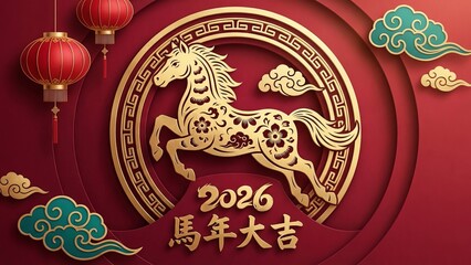 Chinese New Year 2026 Year of the Horse: Golden paper cut design.