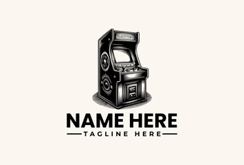 A black and white illustration of an arcade machine with a placeholder name and tagline on a clean white background, featuring a vector logo design.