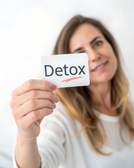 Detox Sticker in Woman&acirc;&euro;&trade;s Hand on White Background